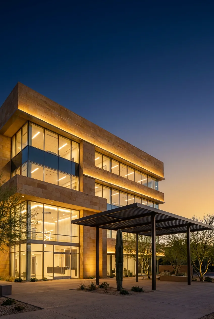 Modern commercial building against the Sonoran Desert mountains